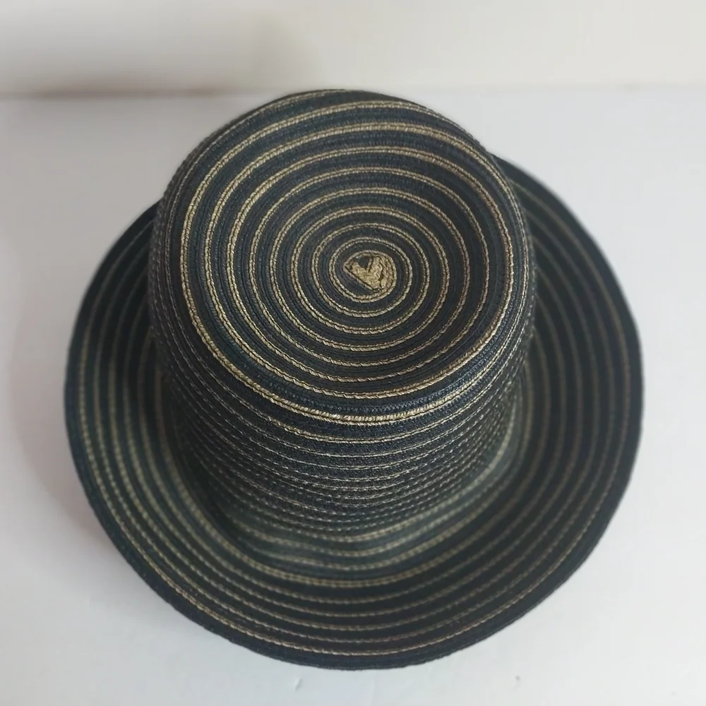 Eric Javits Navy and Natural Straw Hat with Gold Logo Button - Picture 6 of 8
